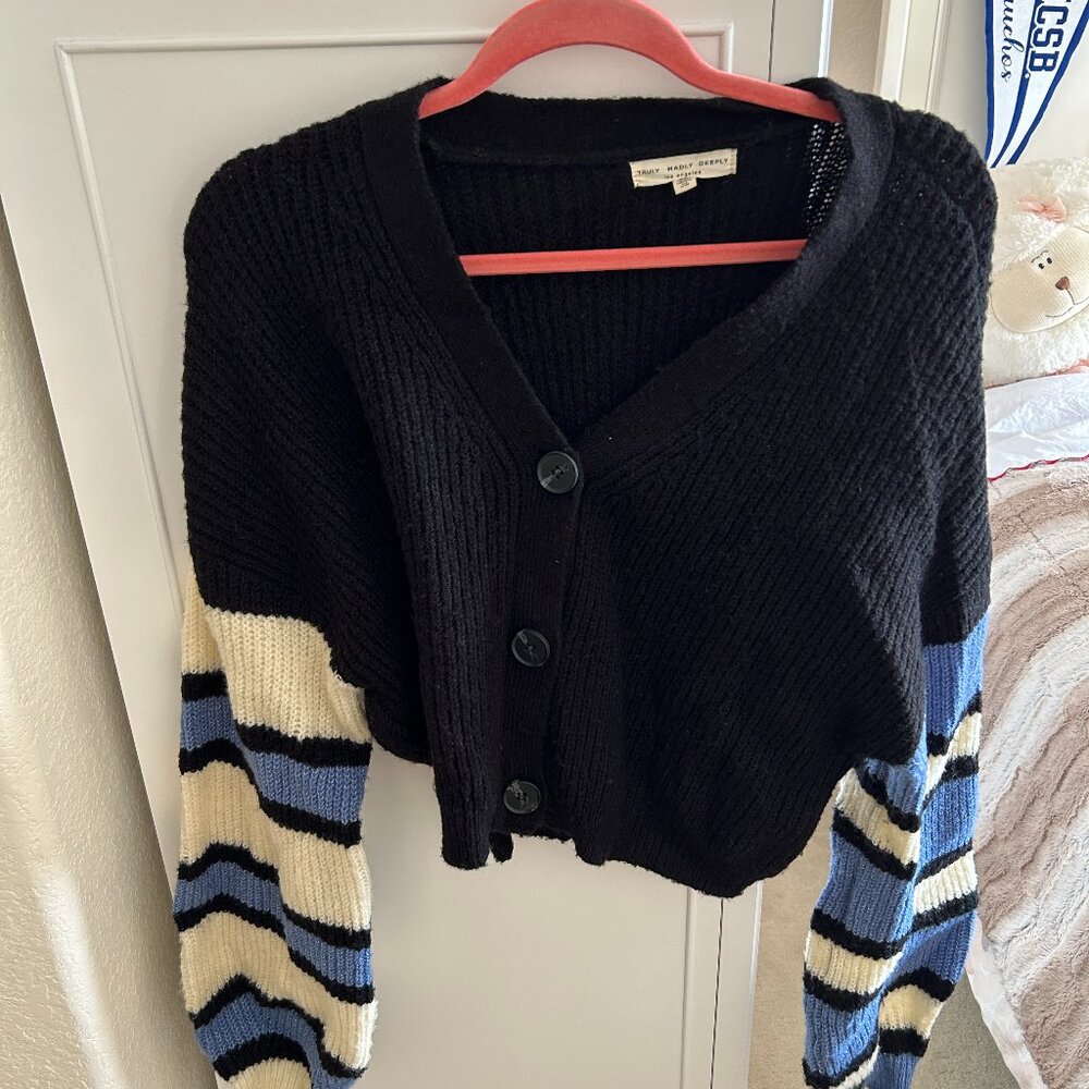 Black Cardigan with Blue and White Multicolor Sleeves